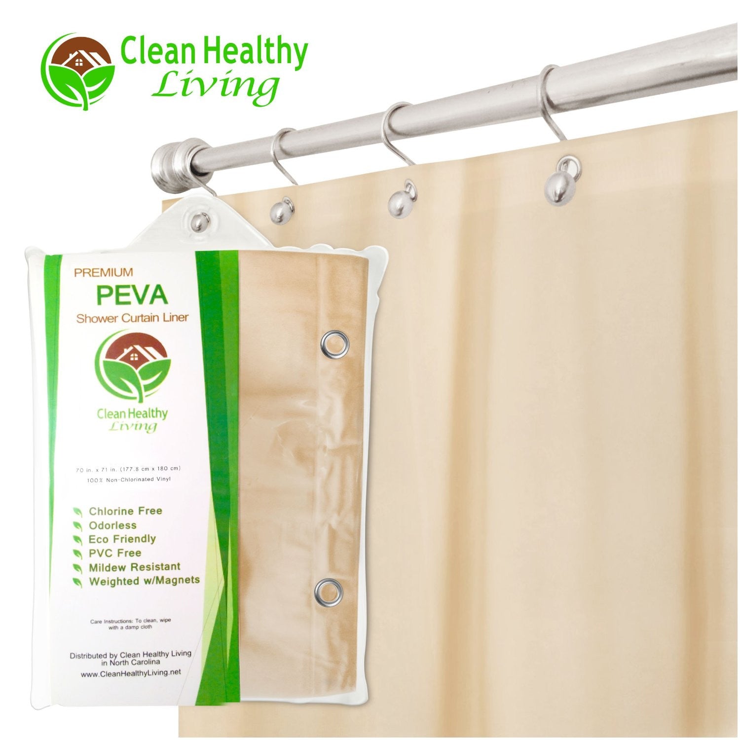 Clean Healthy Living Premium PEVA Taupe Shower Curtain Liner with Magnets & Suction Cups - 70 X 71 inches Long